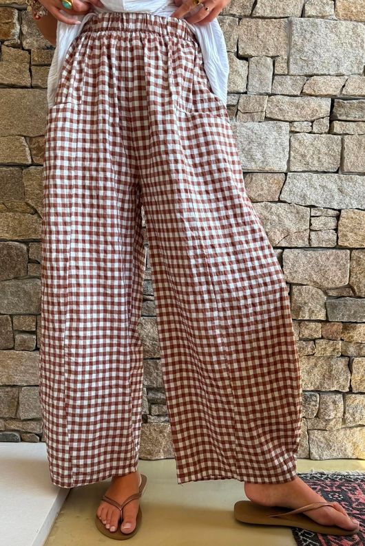 Nonni Gingham Relaxed Barrel Pant Chestnut